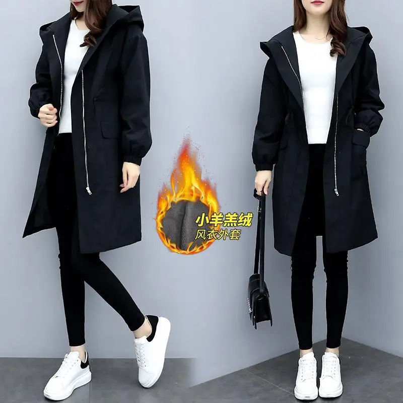 Thick fleece trench coat women winter long coat black  warm hooded Parka