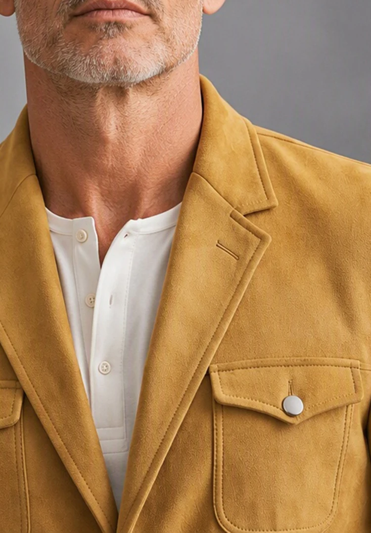Men's Faux Suede Safari Blazer Notched Lapel Multi‑Flap Pockets Single Breasted Slim Fit Casual Business Coat For Work Outdoor