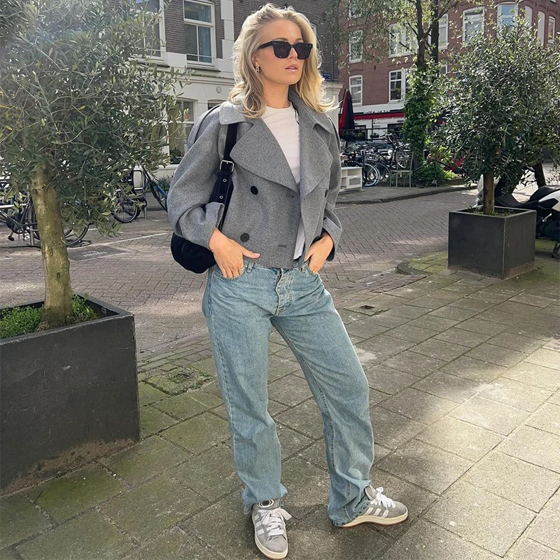 

Elegant Solid Woolen Women's Short Overcoat Casual Lapel Long Sleeve Double Breasted Jacket Fashion Early Spring Lady Streetwear