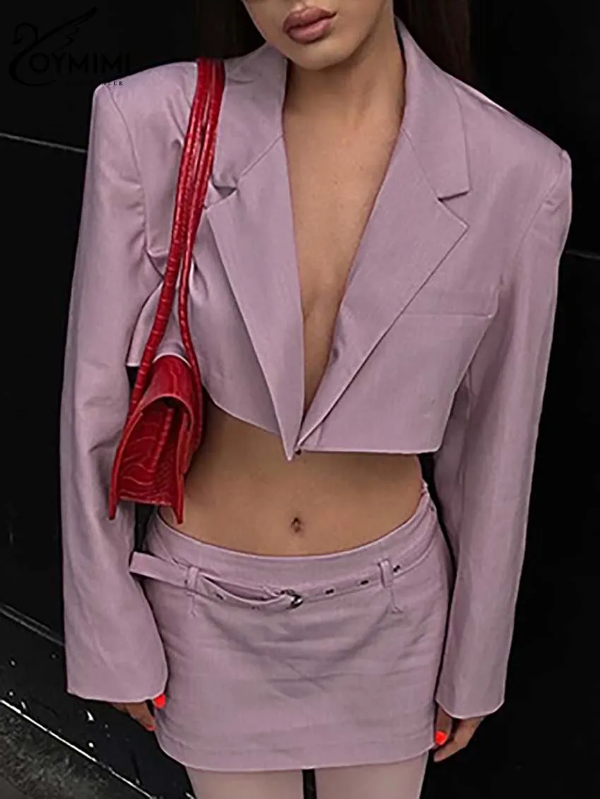 Oymimi elegante rosa fino conjunto de duas peças para mulheres moda manga longa único botão colheita blazers e mini saias retas conjuntos