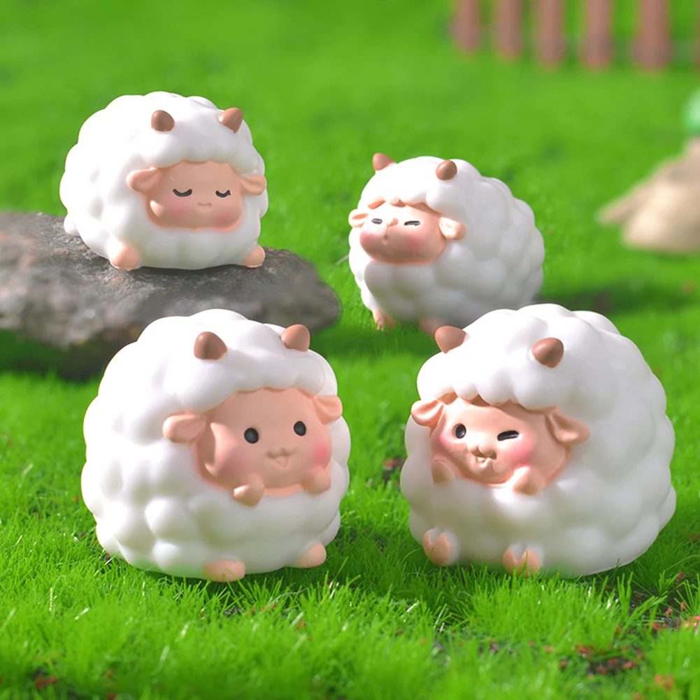 4pcs/Set Cute Miniature Sheep Figure,Micro Landscape Garden Pot Decor,Mini Cartoon Baby Sheep Figure Fairy Garden Ornament