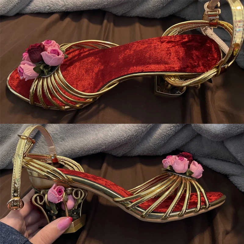 

Narrow Strap Flower Decor Bird Cage Sandals Woman Summer 2026 Fretwork Gold Prom Party Pumps 5cm High Heels Women's Shoes