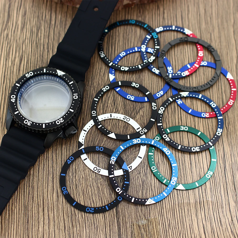 Caja de reloj SKX negra PVD de 42,5mm, cristal de zafiro de doble arco para NH34 NH35 NH36 NH38 NH70 Movts con anillo de capítulo, pieza de correa de goma