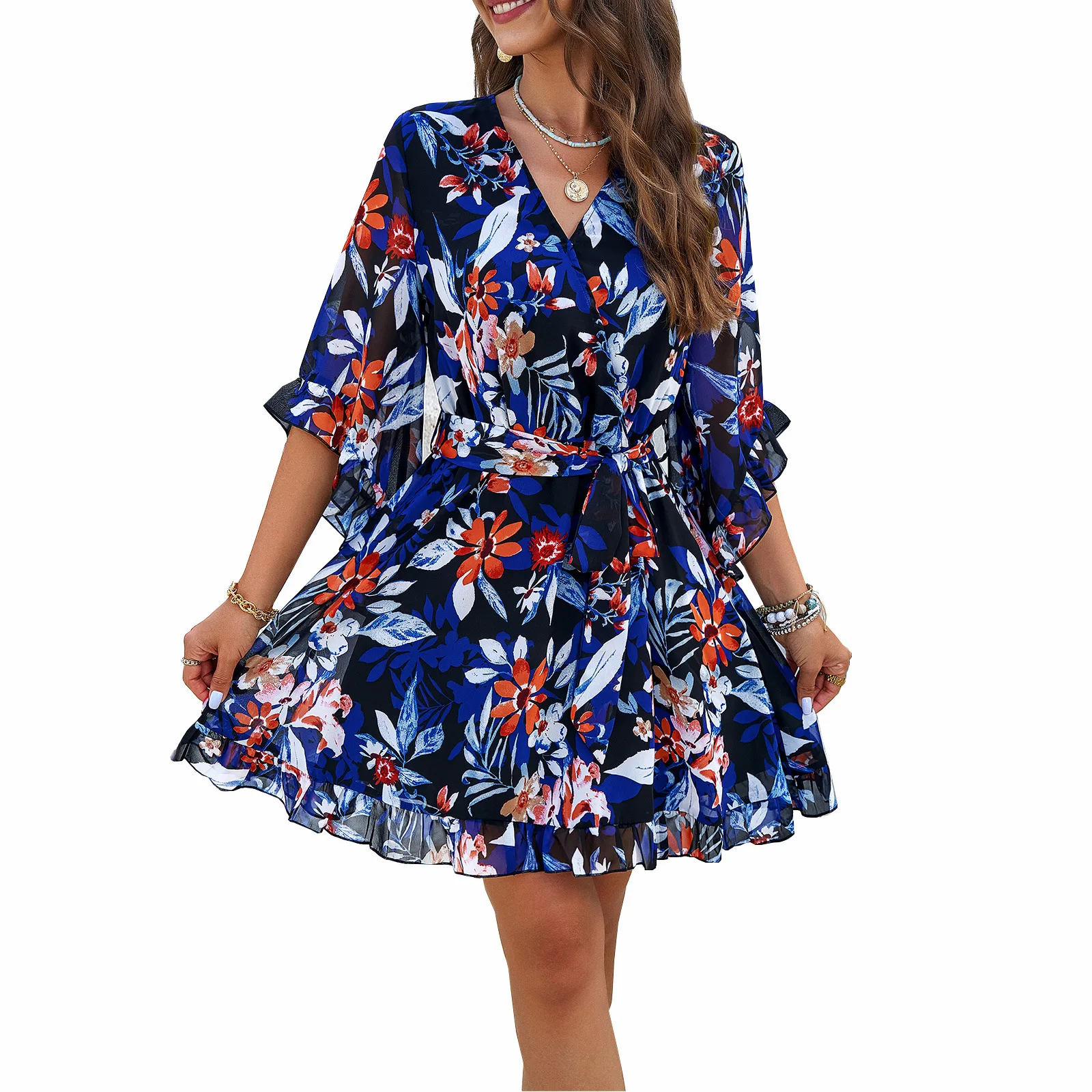 

Women's Chiffon Short Dresses Elegant V-neck Short Sleeve Belted Waisted Dress Floral Print Casual Boho Beach Flowing Midi Skirt