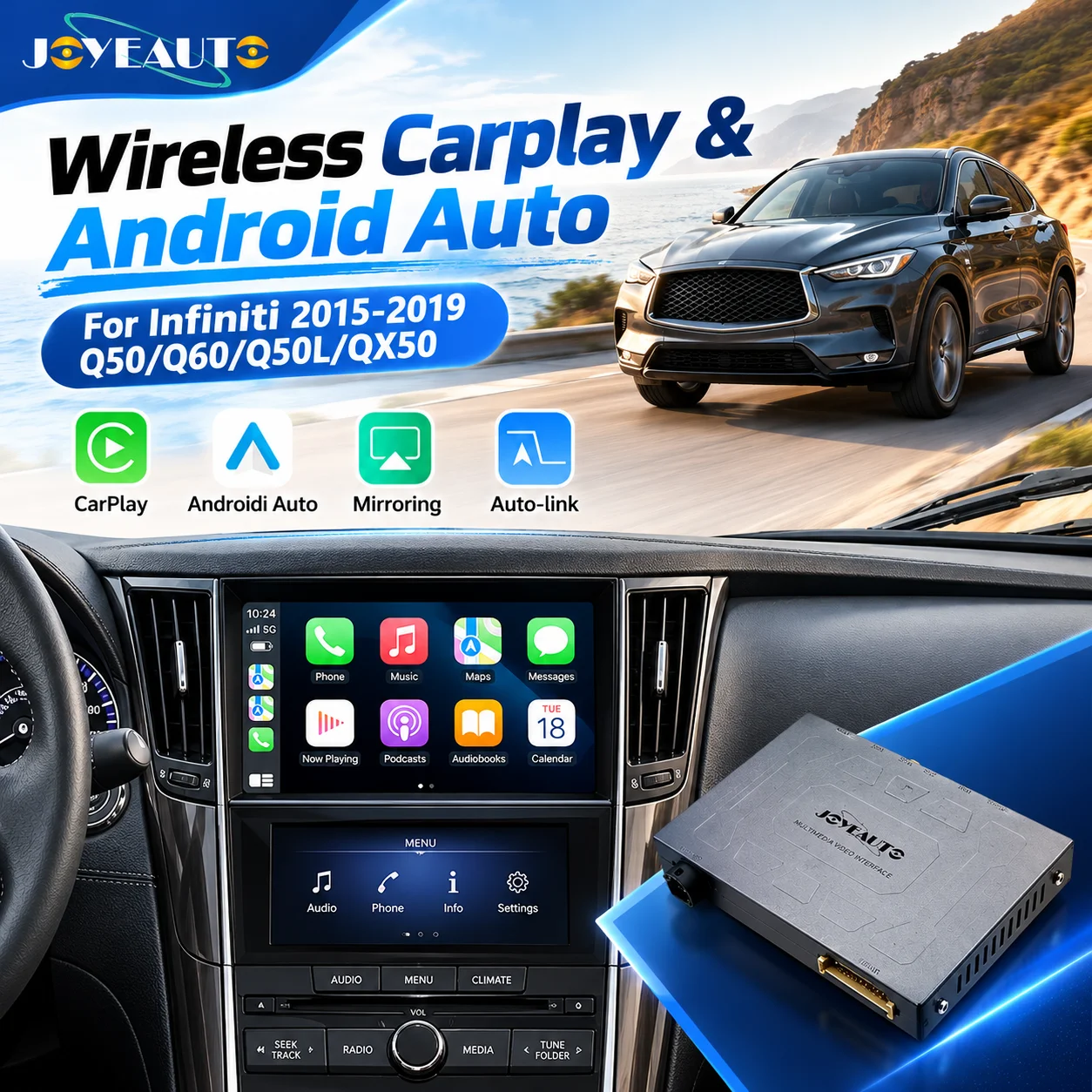Android 15 For Infiniti 2015-2019 Q50 Q60 Q50L QX50 Car Multimedia Player Wireless CarPlay Radio Auto Bluetooth Stereo GPS 4G FM