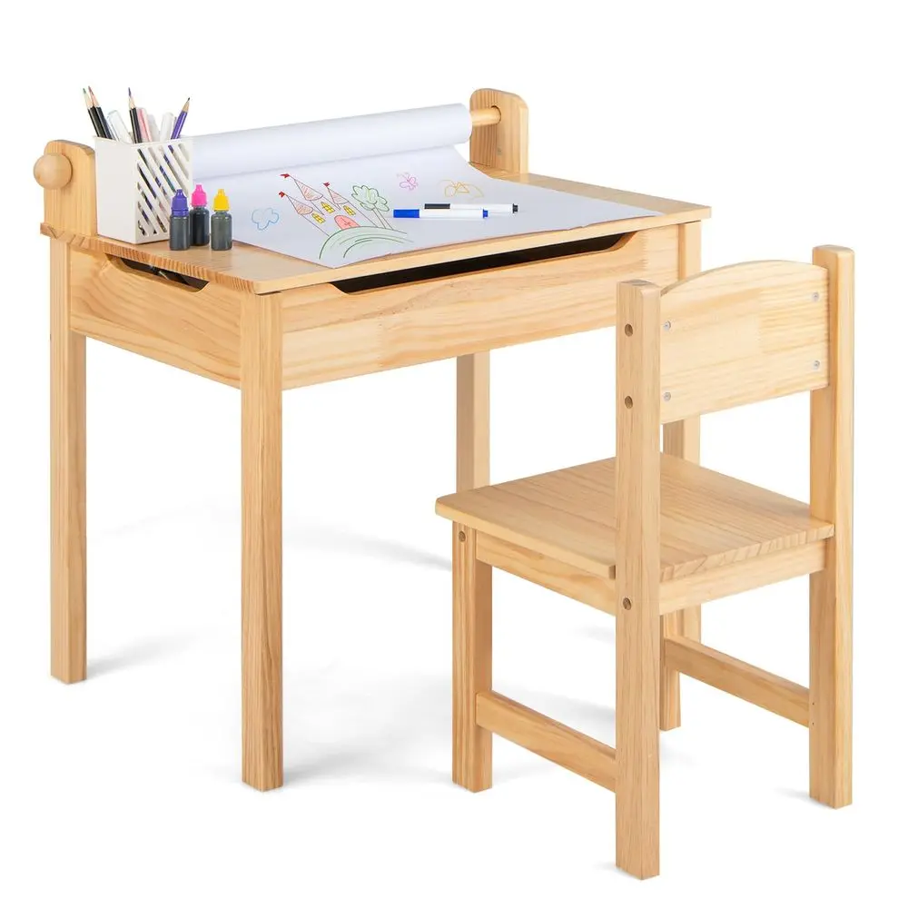 

Kids Table and Chair Set, Flip Top Kids Art Craft Table w Chair for Playroom Kindergarten, Toddler Drawing Writing Desk Set w P