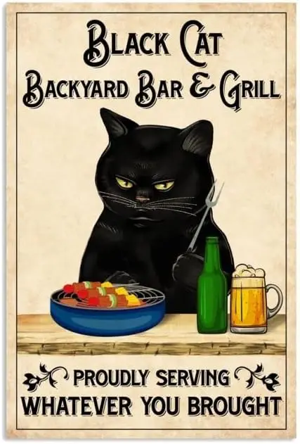 Tin Signs Vintage Black Cat Backyard Bar Grill Proudly Serving Whatever You Brought Coffee Bar Decor, Kitchen Bar Sign, Retro De