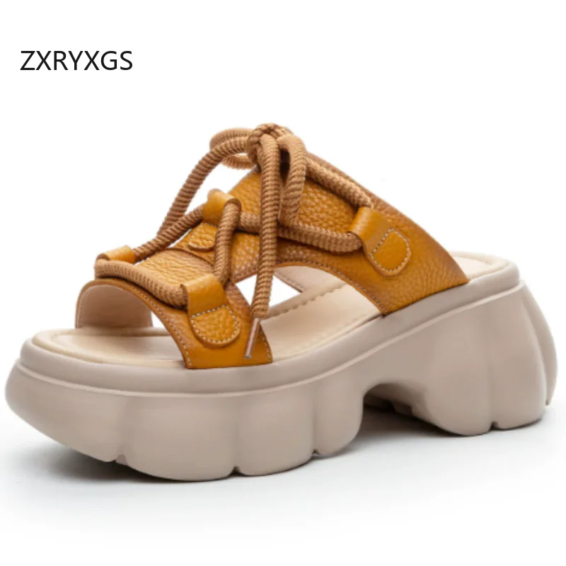 

ZXRYXGS Top Cowhide Open Toe Lace-up Women's Outerwear Slipper Thick Sole Increase Sandals 2026 Summer Fashion Casual Slippers