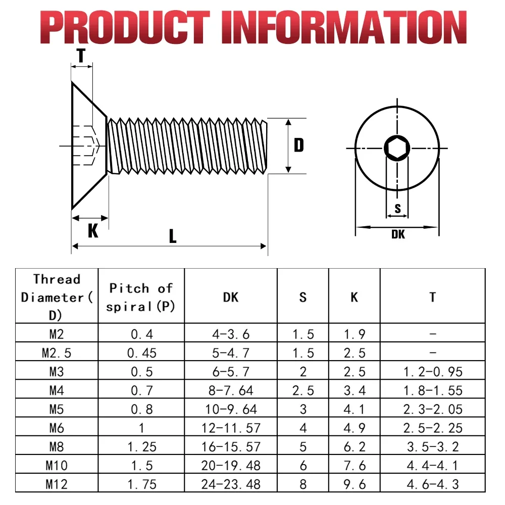 M2 M2.5 M3 M4 M5 M6 M8 M10 M12 DIN7991 Carbon Steel Hexagon Socket Flat Countersunk Head Screw Hex Socket Bolts Machine Screws