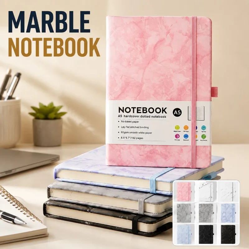 Marble Grain Hardcover Journal Custom Imprint Elastic Strap Closure Elegant Business Memo Thick Lined Sheets Office Desk