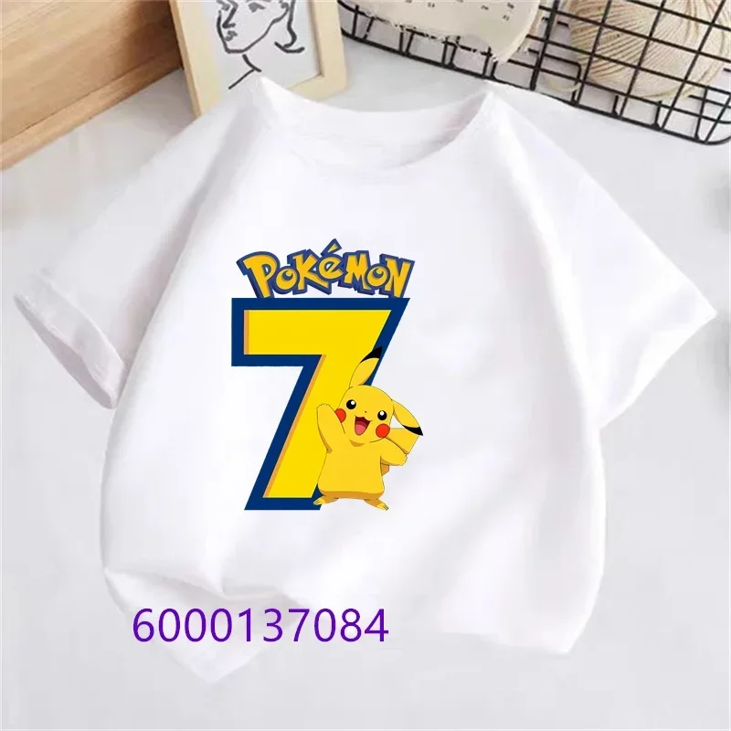 Pikachu Kid Number White T Shirt Pokemon Baby Birthday T-Shirts Short Sleeve Boy Girl Summer Tops Anime Cartoon Children Clothes