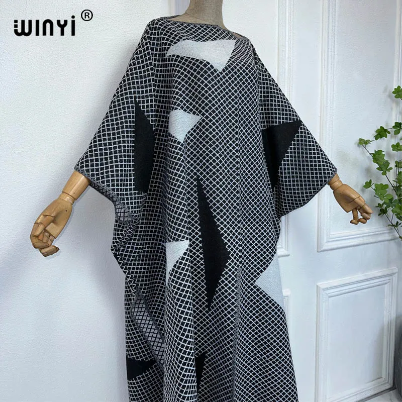 WINYI Winter print Catwalk cloak High Quality poncho Luxury Long Loose dress Thick Warm Female long down kaftan dress for women