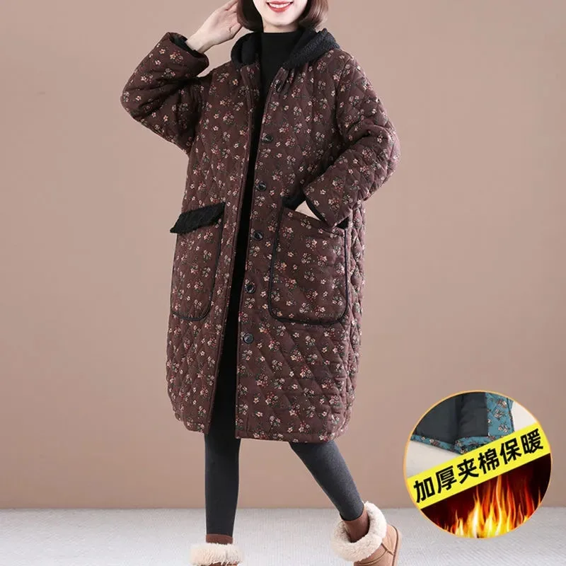 2023 Winter New Women\'s Cotton Parka Clothes Floral Folder Velvet Add Thick Keep Warm Hooded Ladies Mid-Length Cotton Coat