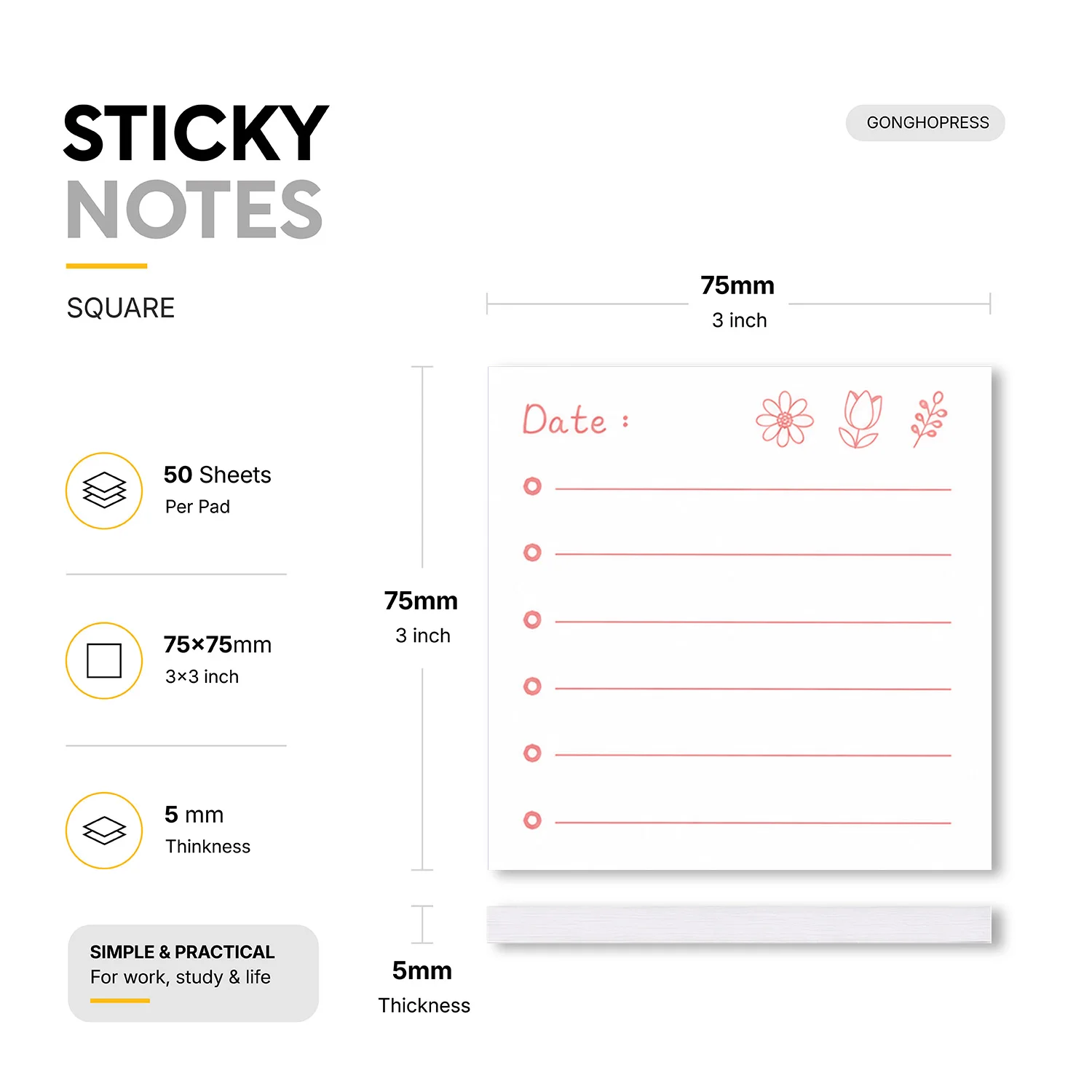 2pcs Floral To Do List Sticky Notes, 100 Sheets Total, 3x3 Inch Self Stick Memo Pads, Cute Square Lined Sticky Note Pads, Date
