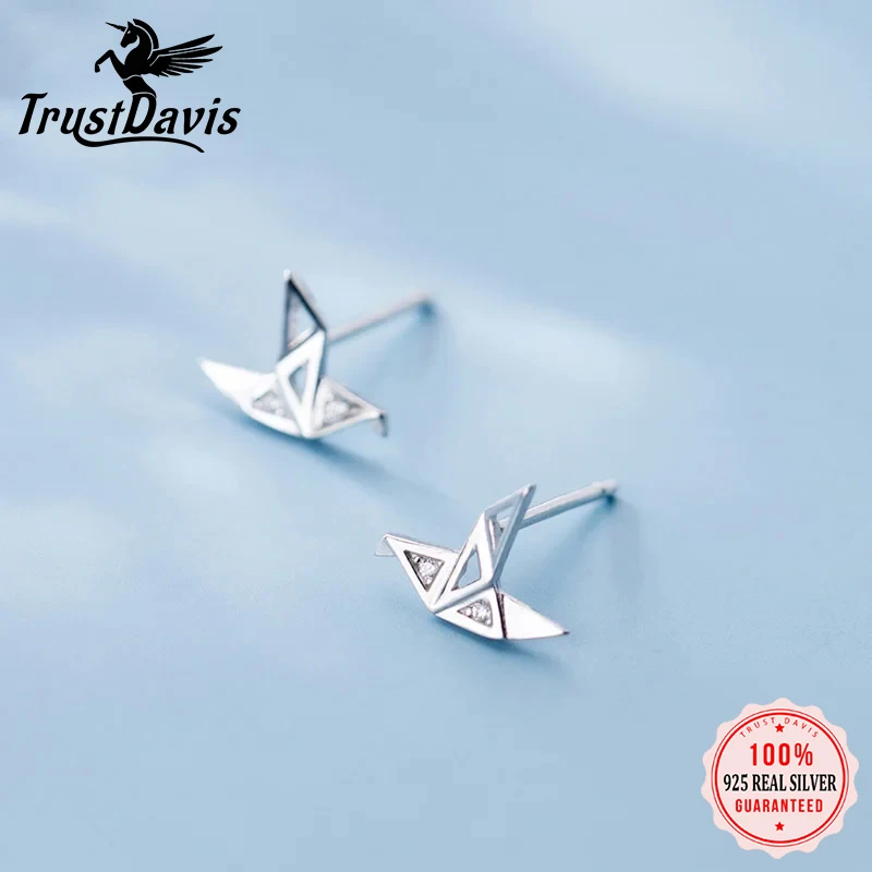 Trusta Ohrstecker aus authentischem 925er-Sterlingsilber, kleine Papierkraniche, Zirkon-Ohrstecker für Damen, feiner Silber-925-Schmuck DA697