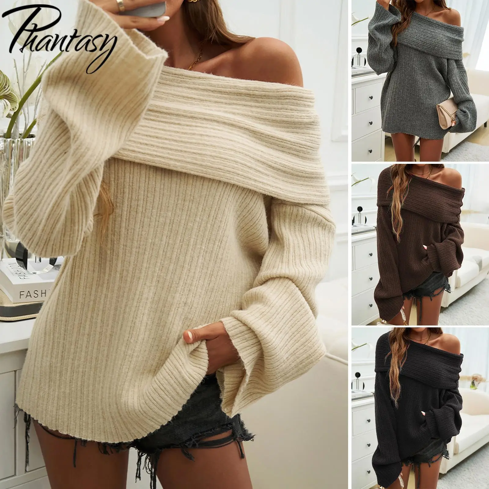 

Phantasy Women's Sweater Temperament Off Shoulder Sweater Tops Oversized Knit Sexy Pullover Solid Color Casual Sweaters 2025