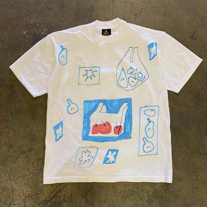 Loose Fit Cotton T-Shirt Short Sleeve Double Thread 260 Pure Cotton Men's Casual Printed Tee Sweat Absorbent Summer Wear