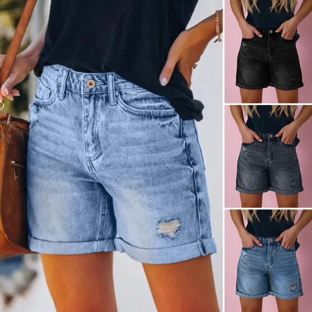 Women's Split Denim Shorts Summer Beach Wild Fashion Sexy Mid Waist Curled Cuff Perforated Elastic Slim Fit Casual Shorts