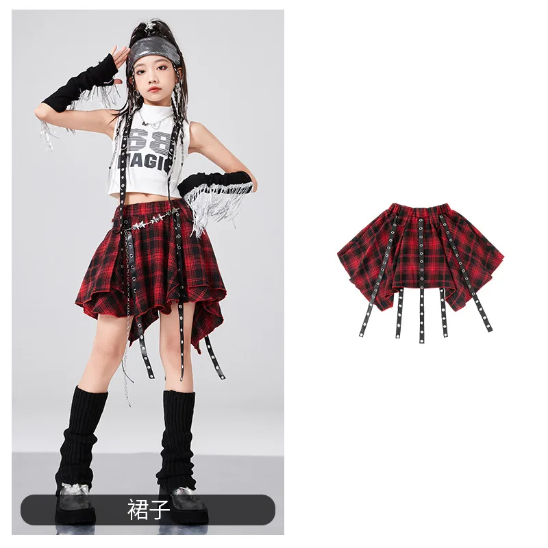 Kids Hip Hop Crop Top Plaid Street Dance Skirt Girls Ribbon Pleated Skirts Teens Jazz Cool Costumes Child Streetwear Clothes Set