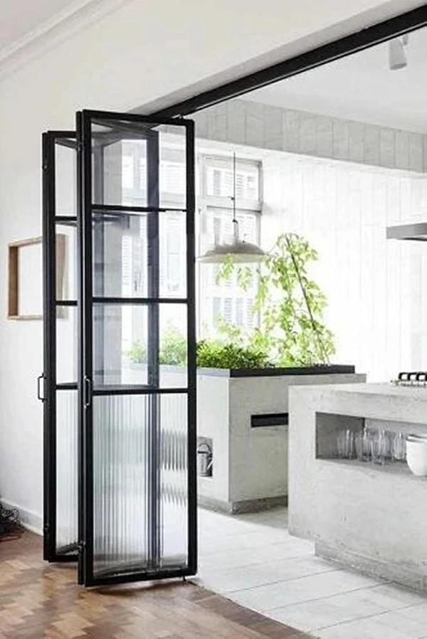 Customized Size Automatic Frameless Folding Glass Doors System Vertical Bi-Fold Style For Kitchen Interior Steel Fiberglass