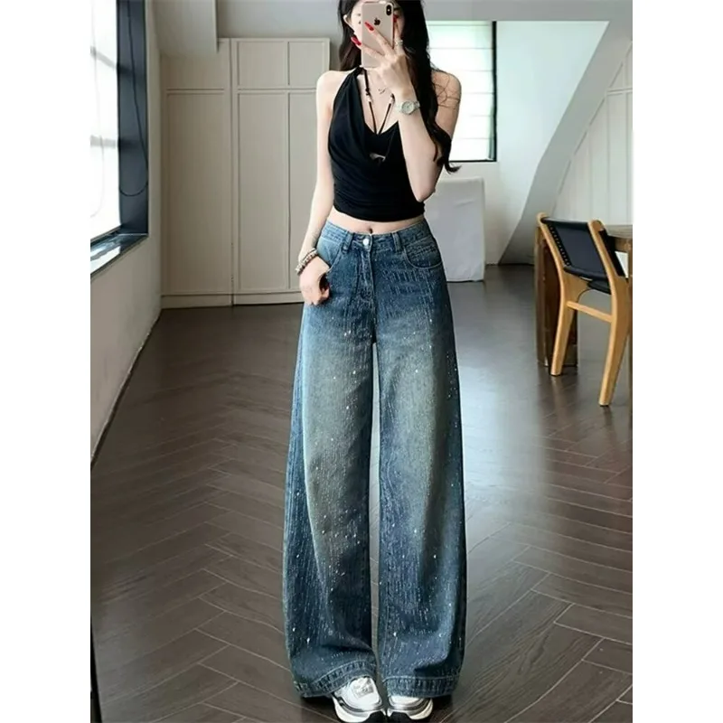 Starry Sky Hot Diamond Wide Leg Jeans New Style Super Hot Loose Slim Versatile Straight Leg Floor Pants Women Fashion Simplicity