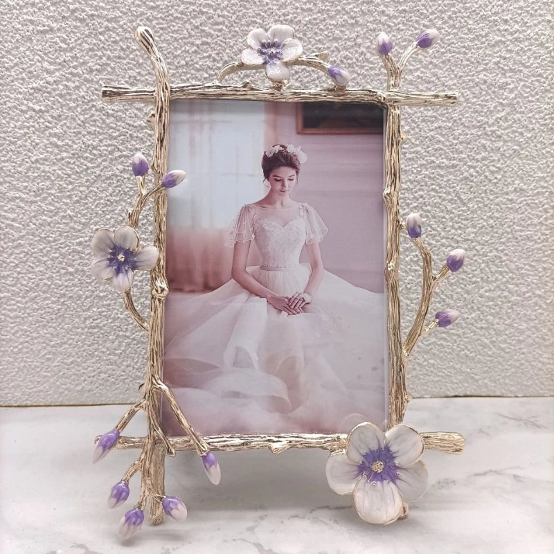Enamel Flower Twig Metal Photo Frame,Light Luxury Golden Picture Frame,Wedding Tabletop Photo Holder, Home Bedroom Desktop Decor