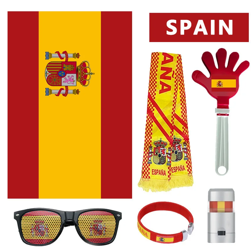 

Набор для болельщиков: шарф с флагом страны, краски для лица, очки для футбольных фанатов, ластики, украшения для футбольных матчей и чирлидинга.