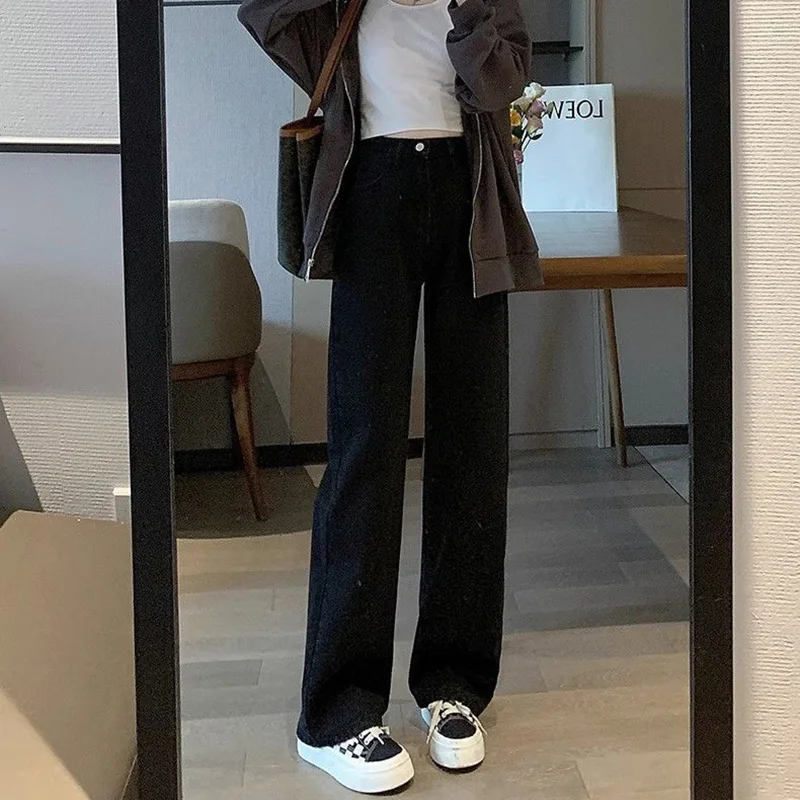 

Классические женские джинсы с высокой талией и широкими штанинами, свободные однотонные джинсовые брюки, тонкие длинные брюки в корейском стиле для девушек, 2026