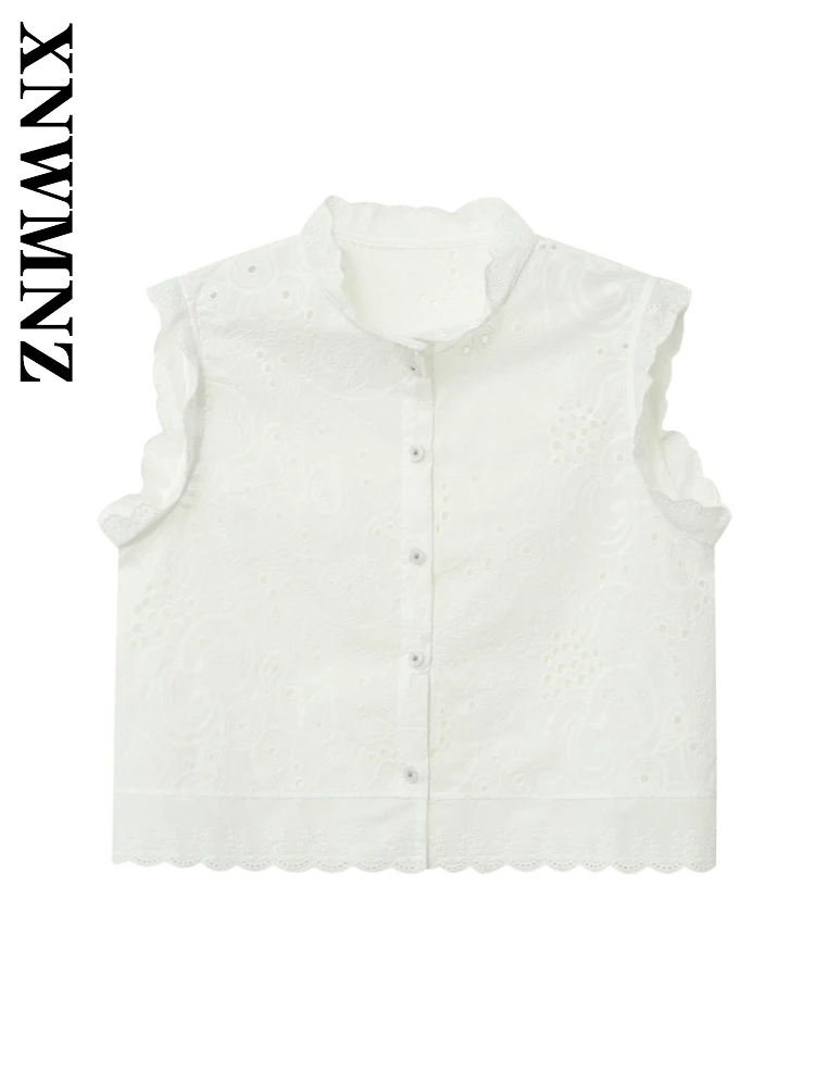 

XNWMNZ 2025 Summer New Product Woman's Casual Commuting Sleeveless embroidery Vest Fashion Lady White Ruffled Collar Top Simple