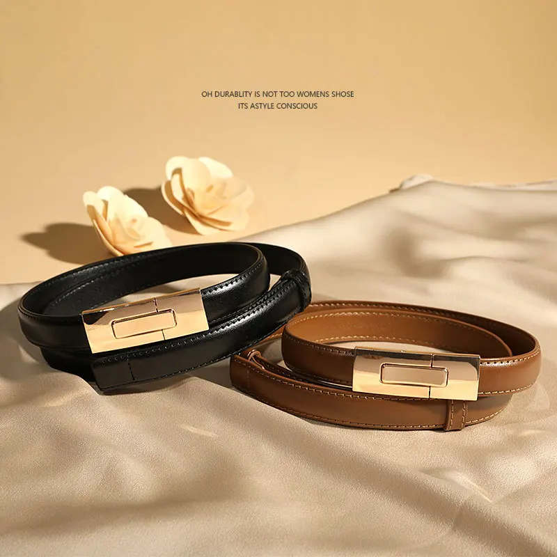 Women Skinny Leather Belt Solid Color Vintage Metal Interlock Buckle Adjustable Thin Waist Belt For Dress Jeans Coat