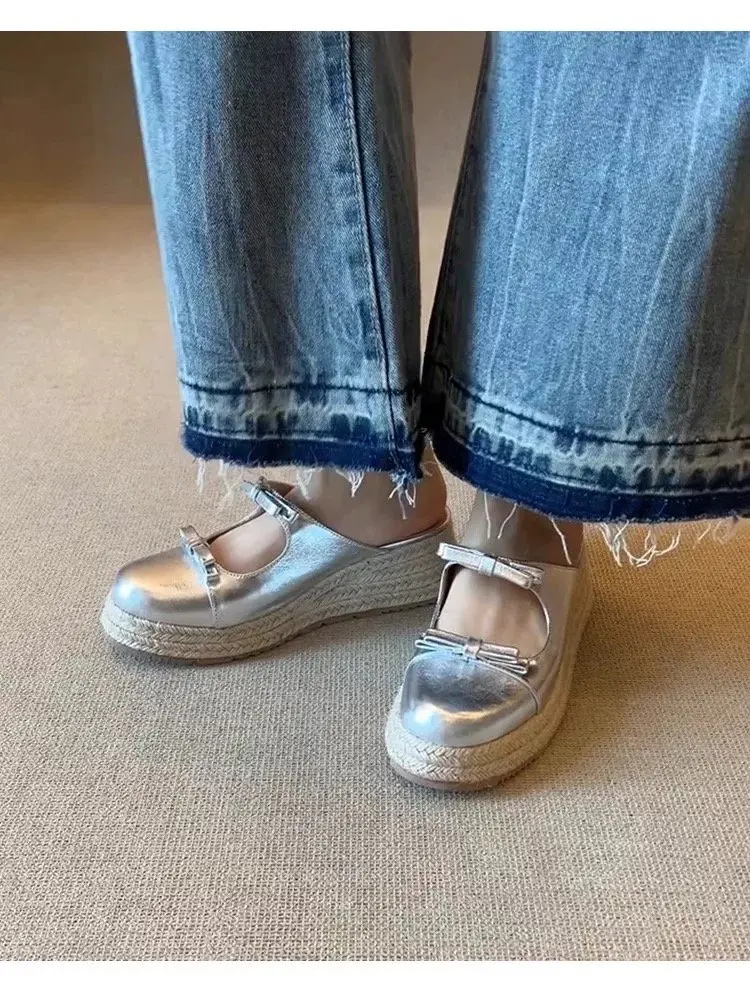 Damen Schleifen-Sandalen mit geschlossener Zehenpartie, Plateau-Espadrille-Keilabsatz, Slipper für den Sommer – Detail 12