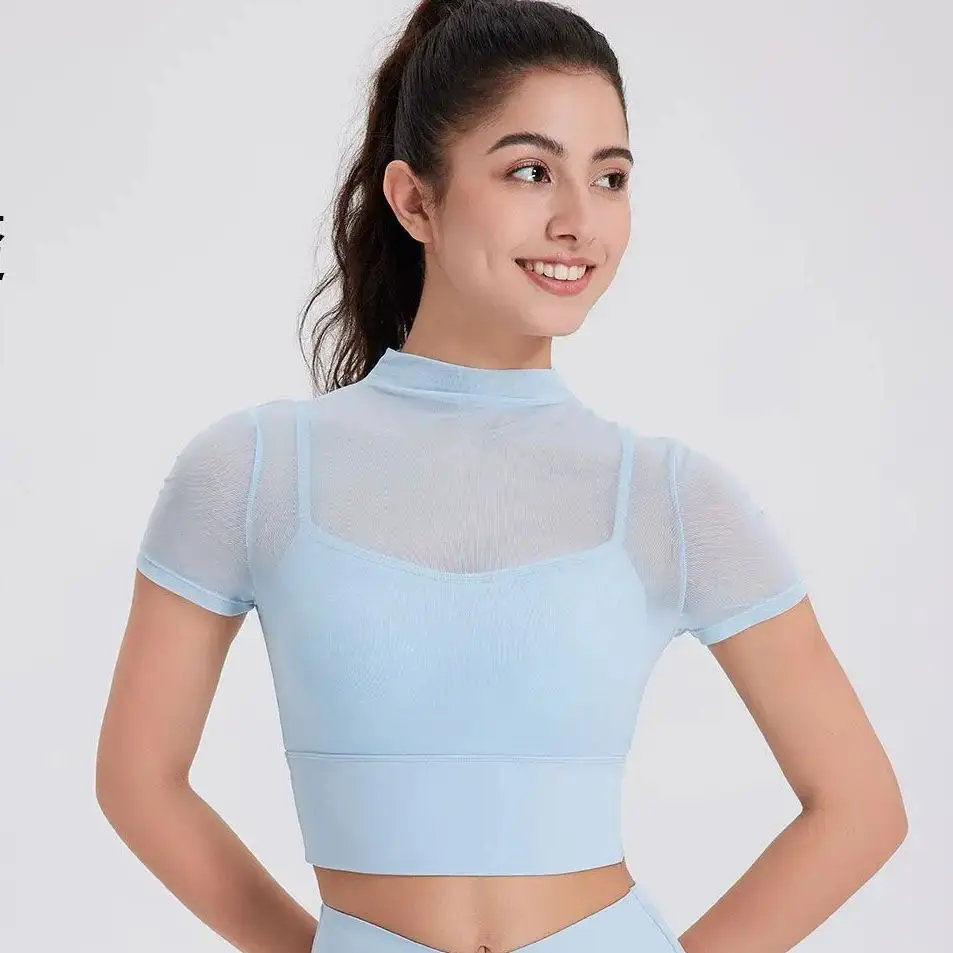 

One Piece Cup with Chest Pad Mesh Short Sleeved Yoga Suit Training Tight Top Pilates Fitness Running Sports T-shirt Cloth