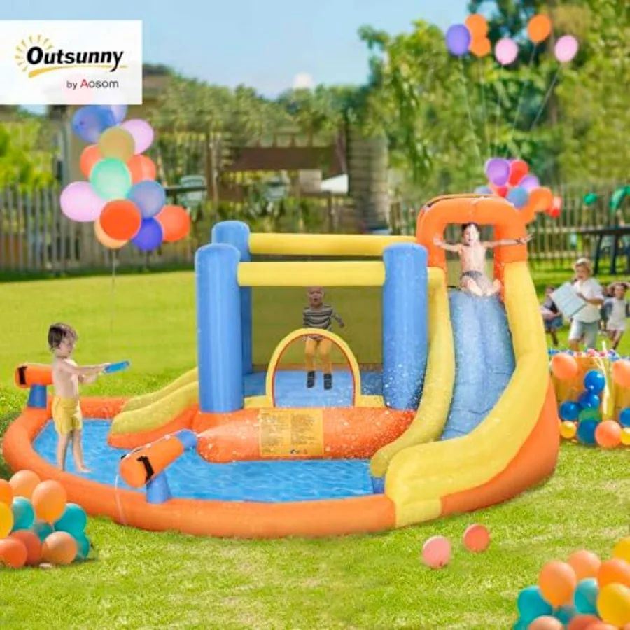 Outdoor/indoor inflatable water slide for kids: PVC, blue/red, 5-in-1 bouncy castle with pool, climbing wall, water cannon, dua