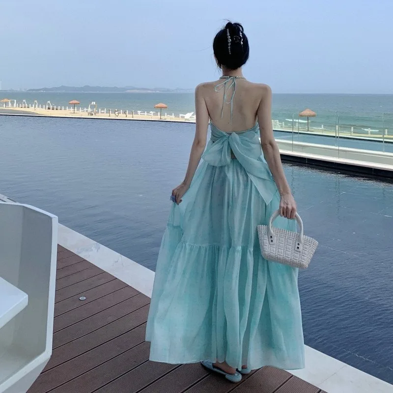 2025 Nuovo Casual Verde Menta Abito da Donna Estivo Streetwear Fata Appeso al Collo Elegante Stampa Floreale Abiti Maxi con Spalle Scoperte