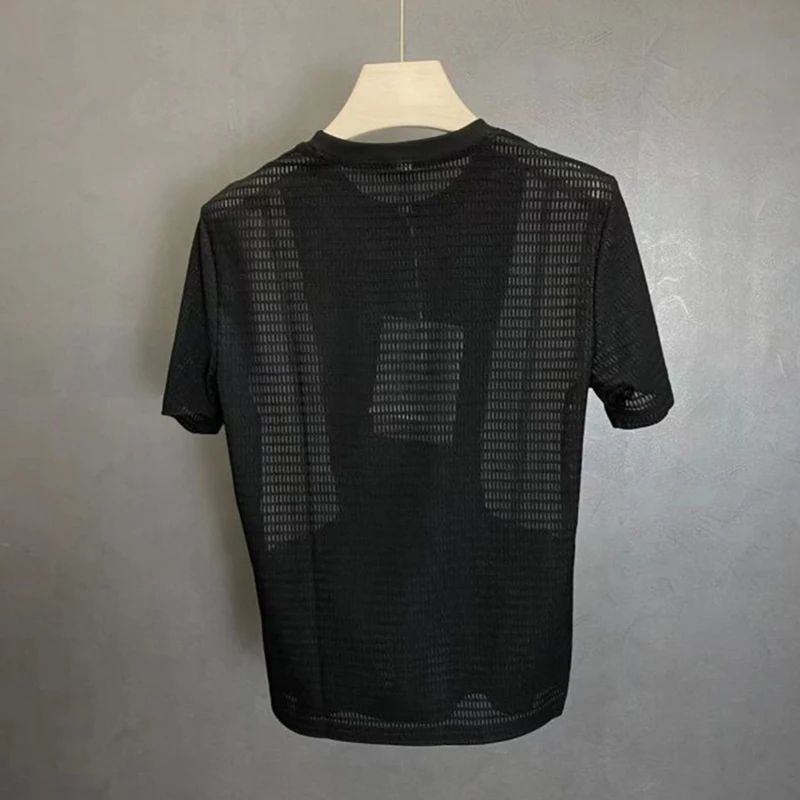 Summer Striped Hollow Out Short Sleeve O Neck Men T Shirt Thin Breathable Hit Color Fashion All-match 2xl Oversized Clothing Top