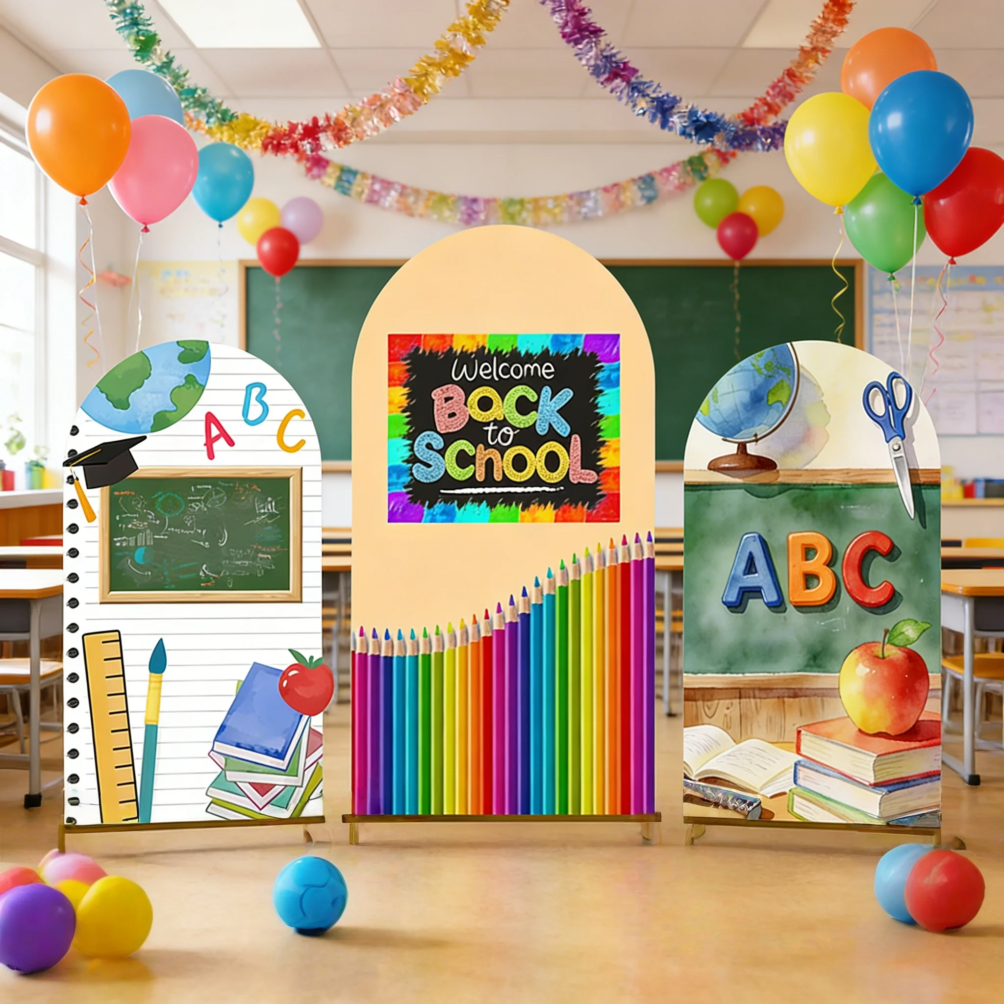 

Фон для фотозоны «Снова в школу»: карандаш, глобус, книга, яблоко. Декор для вечеринки, празднования в классе, портретный фон.