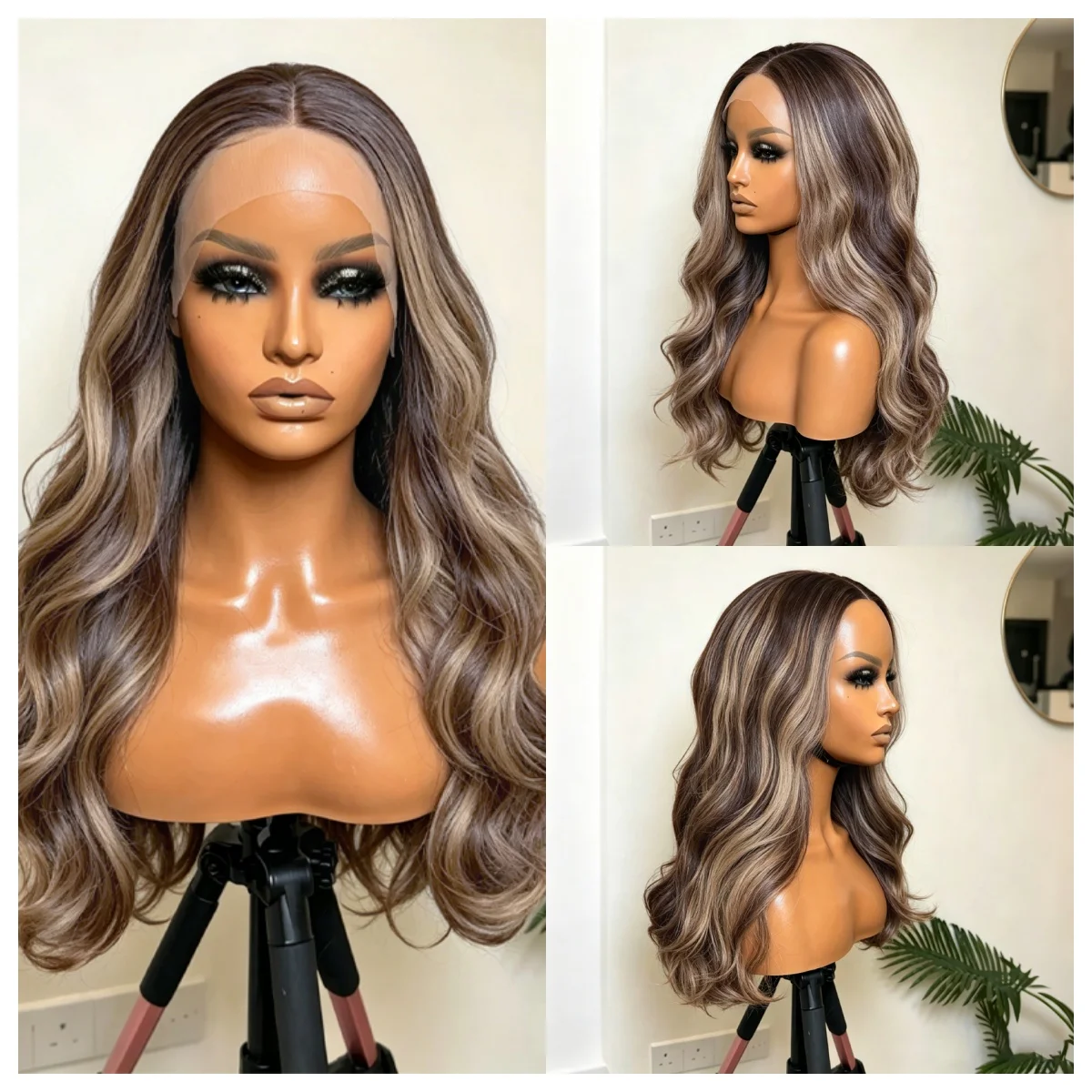 Premium Mixed Fiber Long Wig 13x4 HD Lace Frontal Ash Brown & Blonde Highlights Glueless PrePlucked for Women