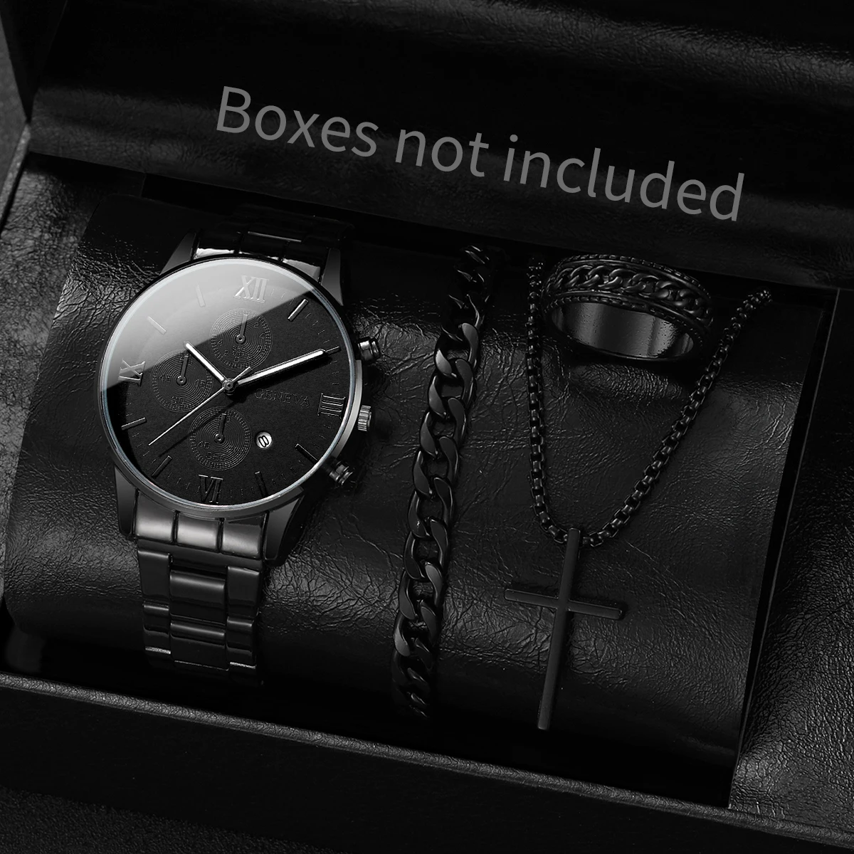 4pcs/set New Men's Trendy Watch Bracelet Necklace Ring Set Hip Hop Style Casual Men's Cool Quartz Watch Set (No Box)