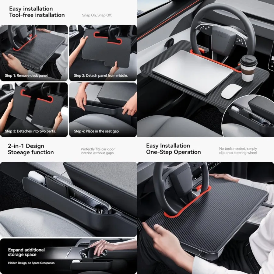 

2-in-1 Car Steering Wheel Desk Tray and Car Seat Gap Filler Organizer Foldable Carbon Fiber Look Table for Laptop, Eating, Writ