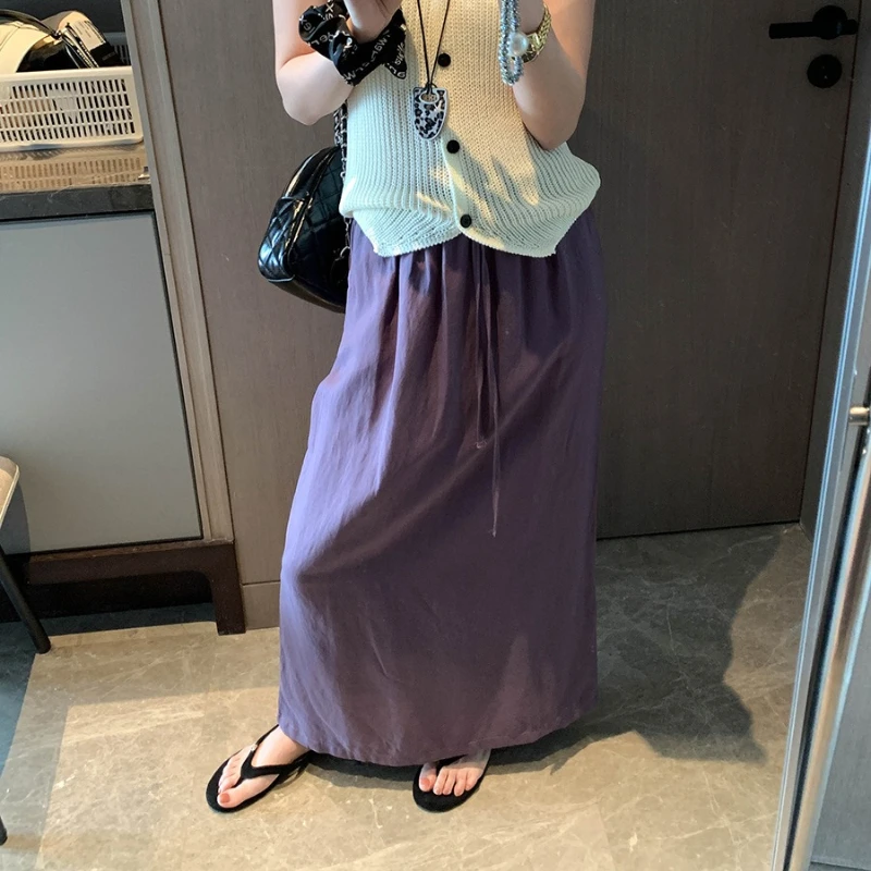 Women Korean Fashion Vintage Elegant A-Line Maxi Skirt Drawstring Elastic Waist Back Slit Casual Office Spring Summer Long Skirt