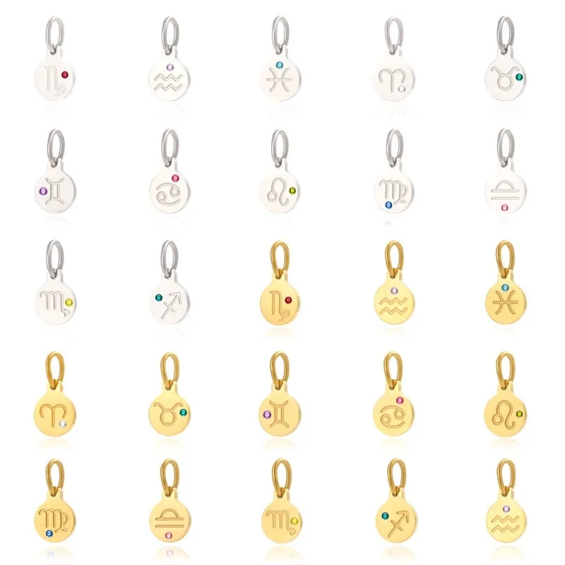 Women Stainless Steel 12 Zodiac Round Disc Charm Pendant Gold Silver Plated Birthstone Crystal DIY Necklace Jewelry Accessories
