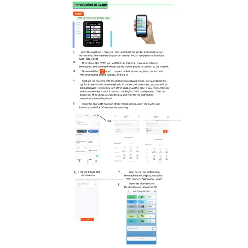 Tuya Wifi 7 In 1 Smart Air Quality Monitor TVOC HCHO PM2.5 Tester CO2 Sensor Formaldehyde Gas Detector White