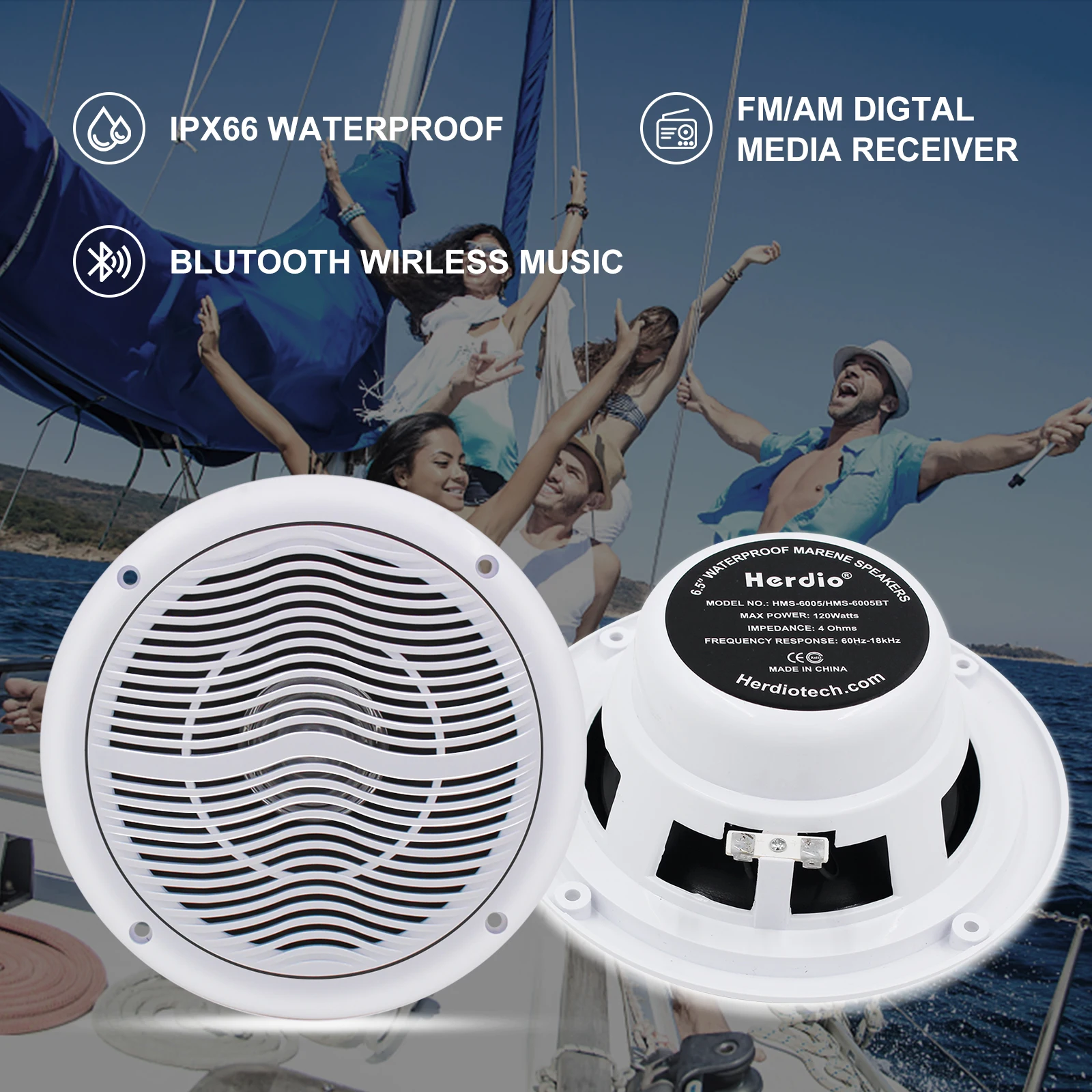 Herdio 6.5'' 120W Waterproof Bluetooth Marine Audio Ceiling Speaker Audio System Flush Mount Loudspeaker Suitable For Boat Home