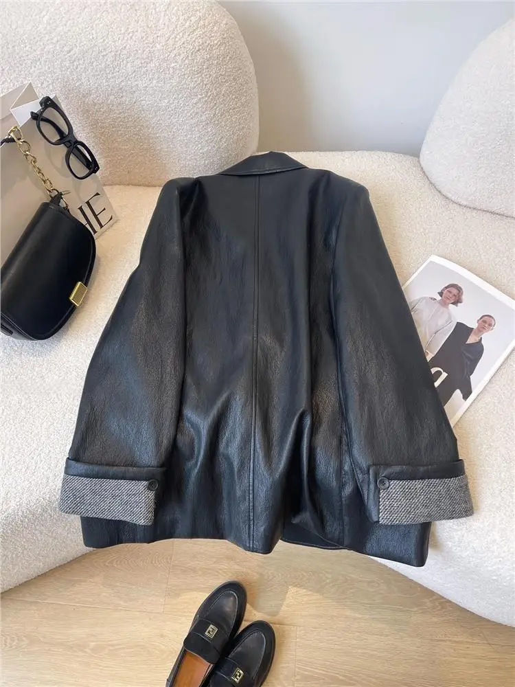 Black Leather Jacket For Women 2026 Autumn New Casual Double Breasted Suit Jacket Solid Color Loose Commuter Windproof Coat