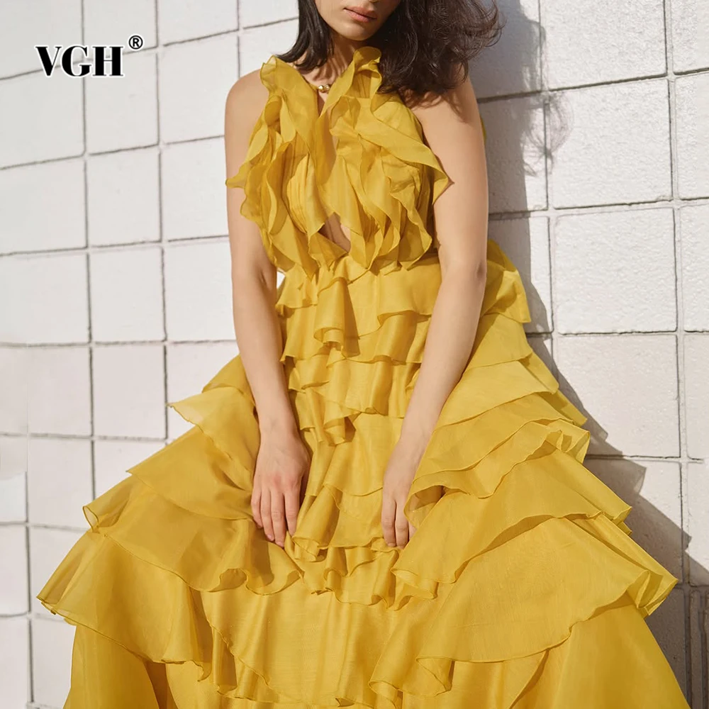 

VGH Solid Designer Folds Slimming Evening Dresses For Women Square Collar Sleeveless High Waist Temperament Dress Female Style