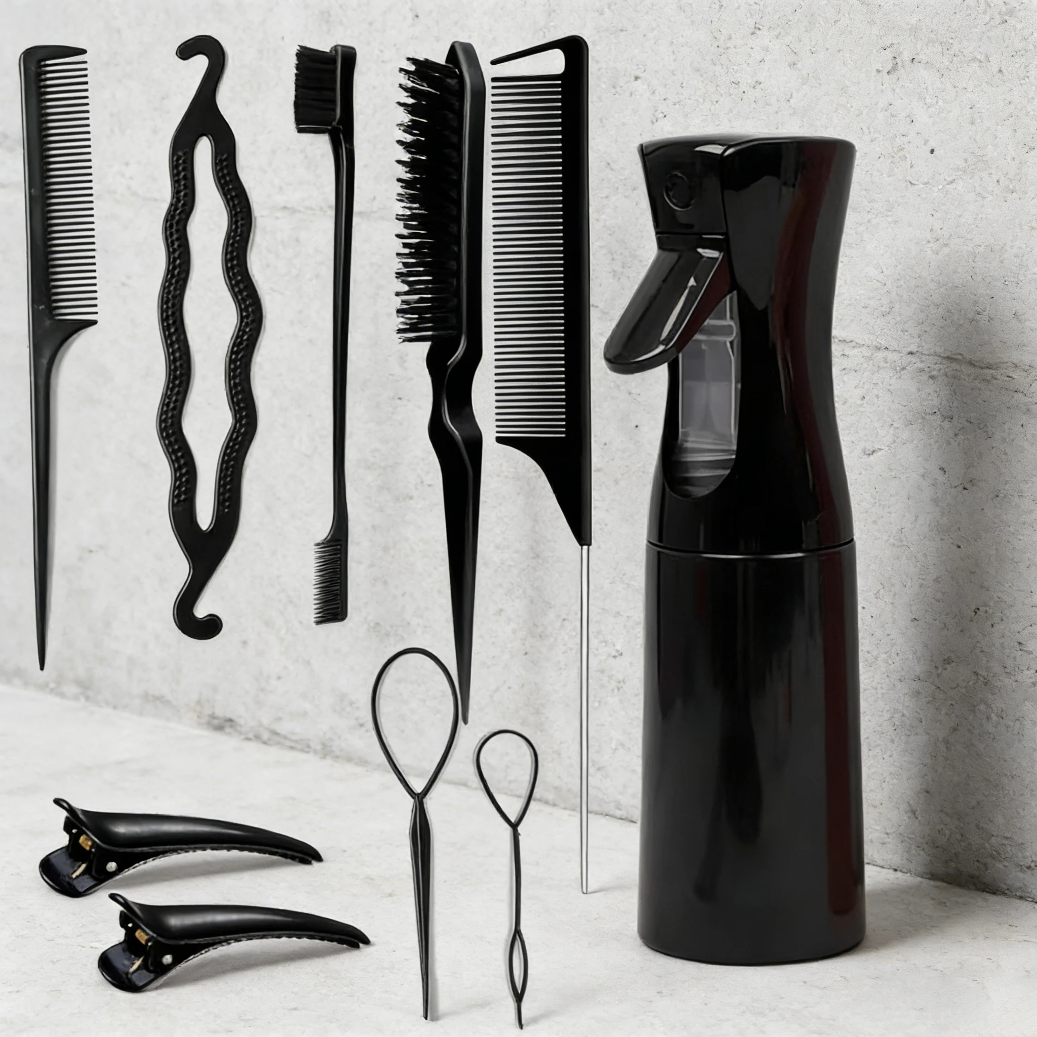 

10 piece hair modeling tool set, with spray bottle, pointed tail comb, hair brush, duckbill clip, special for real hair wigs