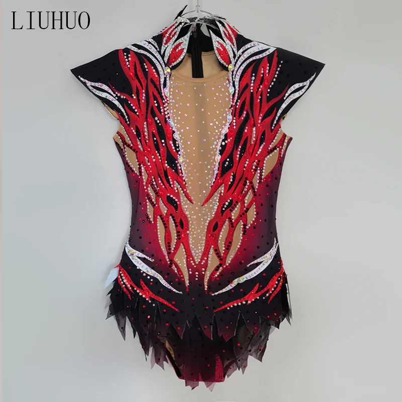 Kids Ice Skating Dress Girls Women Elegant Red Rhythmic Dress Competition rhinestone Leotard BDBD636