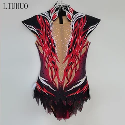 Kids Ice Skating Dress Girls Women Elegant Red Rhythmic Dress Competition rhinestone Leotard BDBD636