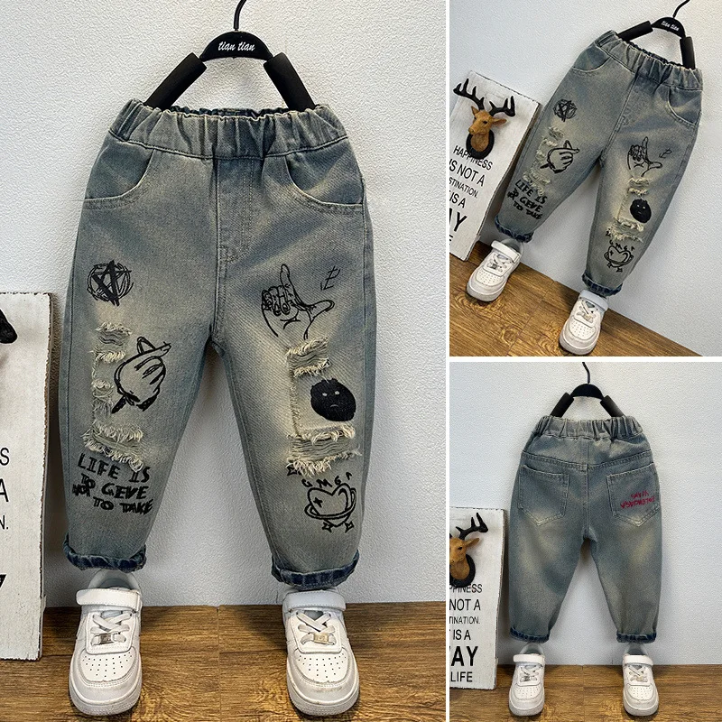 

Модные весенне-осенние детские брюки с дырками, детские красивые рваные джинсы с нашивками для мальчиков, брюки для девочек, потертые джинсы, От 2 до 10 лет