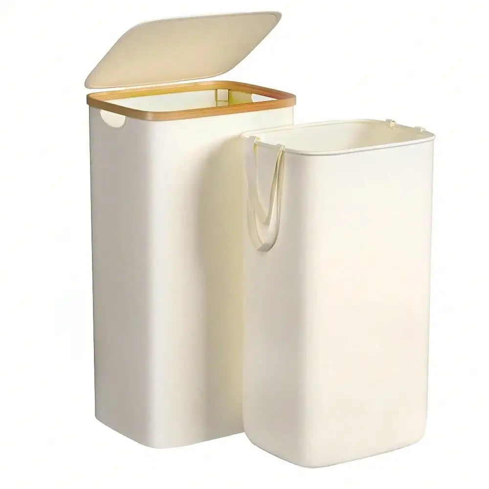 Large Laundry Hamper, 100L Waterproof Laundry Basket With Lid And Removable Bag, Collapsible Tall Clothes Hamper With Bamboo Handles For Clothes Toys In Dorm Bedroom Bathroom, Beige